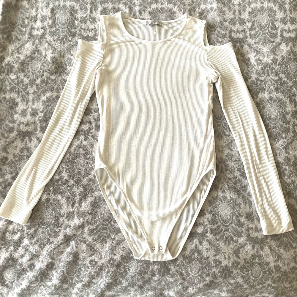 1. STATE Cutout Open Shoulder White Ribbed Bodysuit